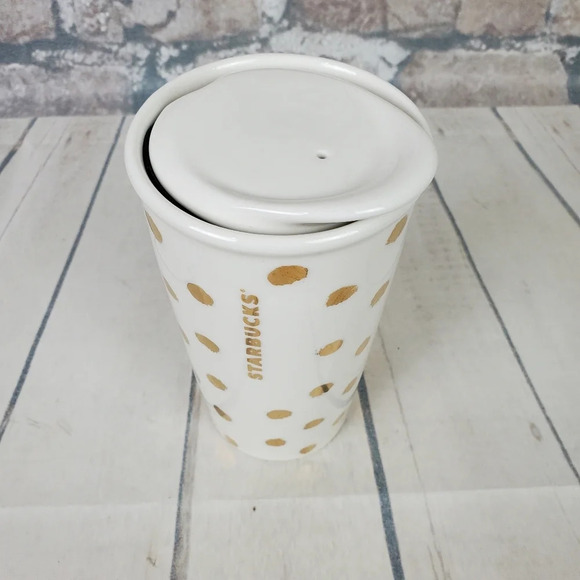 Starbucks Double Wall Travel Tumbler Dot Collection Gold Polka Dots White Lidded - Picture 4 of 10